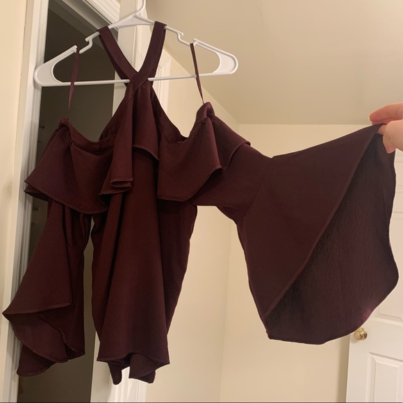Loft burgundy bell sleeve halter cold shoulder top - Picture 2 of 8
